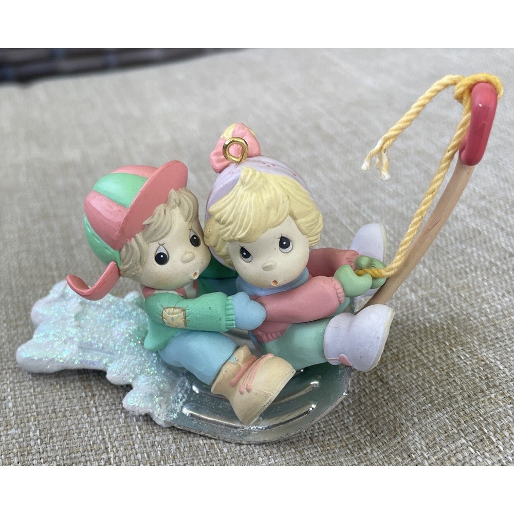 1994 PMI PRECIOUS MOMENTS RIDING ON A SNOW SHOVEL 2" ORNAMENT Christmas Holiday